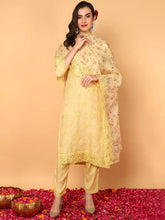 Women Yellow Organza Floral Embroidered Straight Kurta Trouser With Dupatta